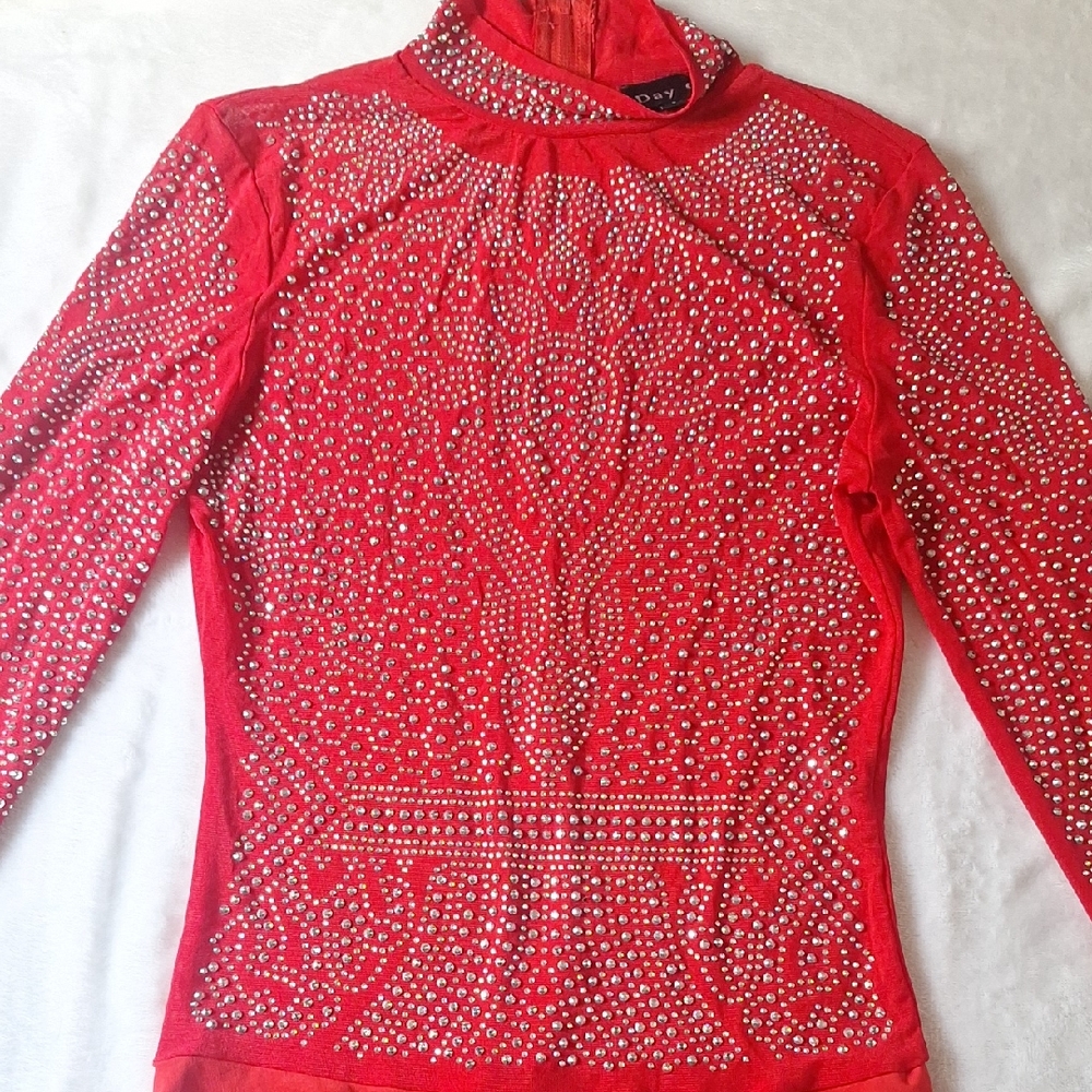 Red Embellished Long-Sleeve Bodysuit by DNY